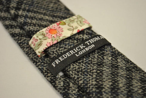 grey, black and navy check tweed wool skinny tie